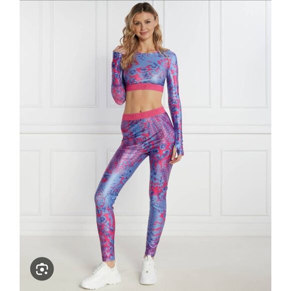 Versace Jeans Couture Leggings Lycra Animal Print Pink Blue Logo Waistband 46/XL - Picture 2 of 12
